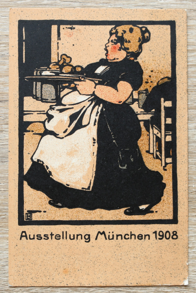 AK München / 1908 / Litho / Ausstellung München / Künstler Karte Monogramm L H Ludwig Hohlwein / Kellnerin Essen Wirtshaus